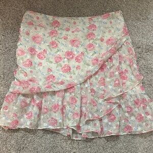 Altar'd State Cream Floral Ruffle Skirt with Pink Roses